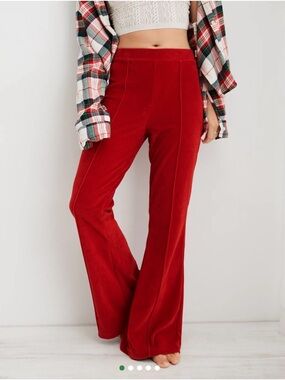 Aerie Groove On Ribbed Velour Pant Women Medium Regular Flare Red Pull On Soft